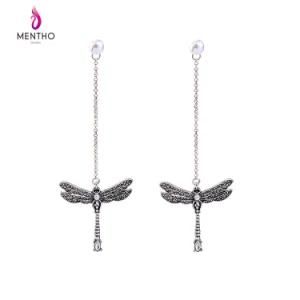 New Elegant Retro Rhinestone Studded Dragonfly Shape Long Alloy Earrings with Pearl