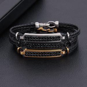 Fashion Stainless Steel Black Crystal Braided Genuine Leather Men Bracelet