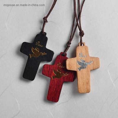 Customized Dove Printed Wooden Cross Necklace Religious Cross Cord Necklace