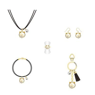 Super High Quality Yellow Pearl Diamond Cute Cat Bear Paw Jewelry Set