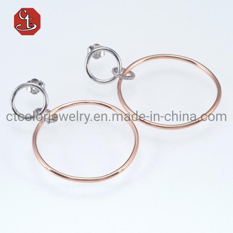 Hot Sale Simple Design Two Circles Fashion 925 Silver Sterling Earrings Plain Silver Jewelry
