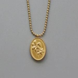 Long Chain Necklace Design Stainless Steel Plated 18K Gold Oval Lily Flower Pendant Necklace for Women