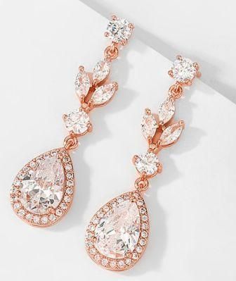 Bridal Wedding Bridesmaid Pear Leaf Shape CZ Earring Necklace Jewelry, Rose Gold Earring