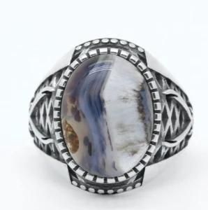 S925 Sterling Silver Mens Rnig Turkish Onyx Rings Chunky Agate Gemstone Men&prime; S Special Texture Rings