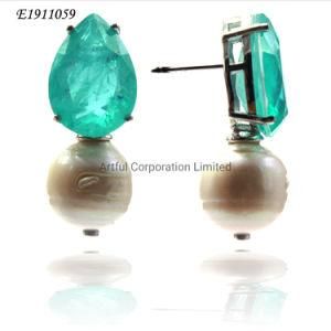 Fashion Silver Rhodium Plated CZ Earrings with Pearl Crystal for Women