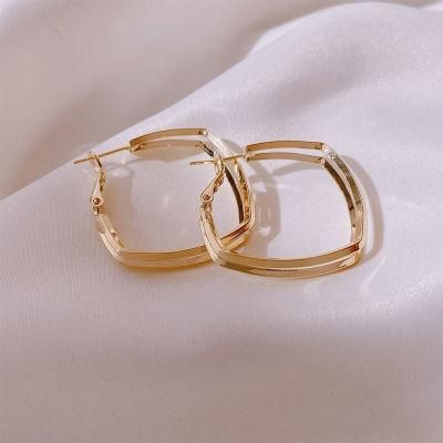 Repeat Style 18K Gold Plated Double Row Square Smooth Earrings for Women Lady Girls Jewelry Party Gifts