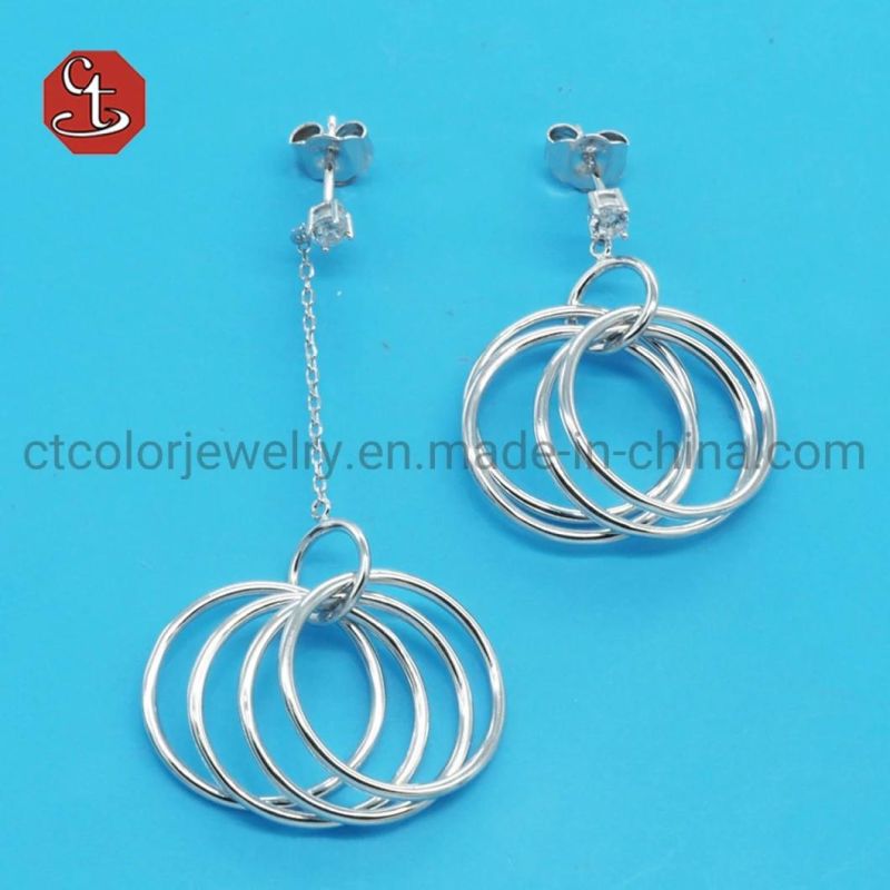 Small Bazel Stud long chain Many Round Circle Dangle Earring Silver Jewelry
