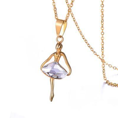 Stainless Steel Ballet Dancer Women&prime;s Pendant Fashion Rhinestone Girl Necklace