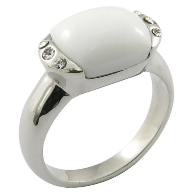 White Ceramic Big Stone Rings Stainless Steel Ring