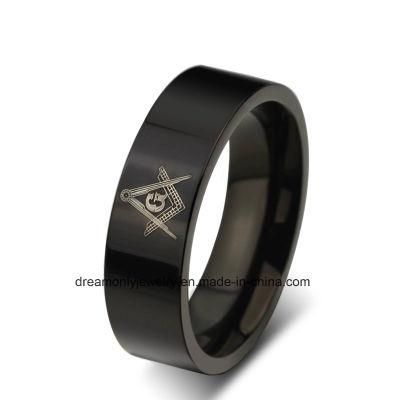 Hot Sale Flat Masonic Ring Black Mosanic Steel Ring