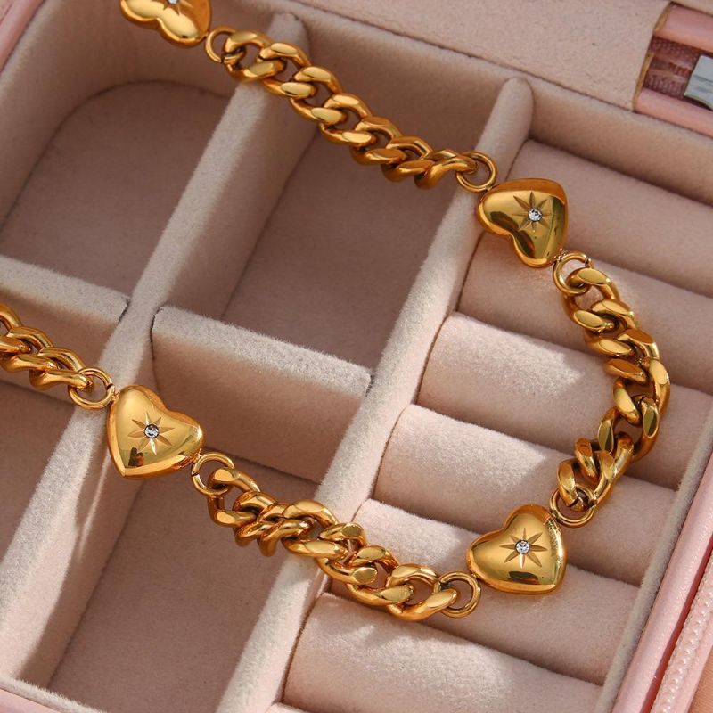 Factory Customized Fashion Retro Fashion Ins Jewelry Stainless Steel Electroplating 18K Gold Zirconium Inlaid Love Pendant Cuban Chain Necklace