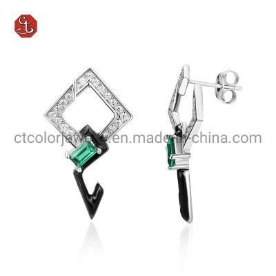 Fashion Jewelry 925 Sterling Silver and Emerald Color CZ Rhombus Earrings Jewellery