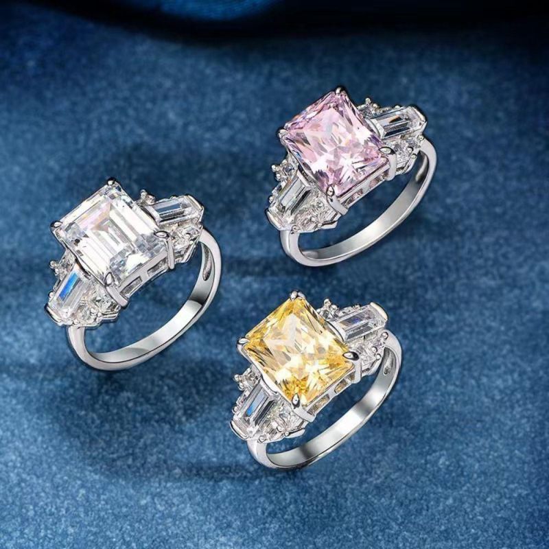 Women Ring 925 Sterling Silver Pink Iced-out Cut 8X10 mm Weeding Jewelry Ring Silver