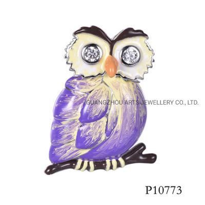 Purple Feather Owl Enamel Over Sterling Silver Pendant
