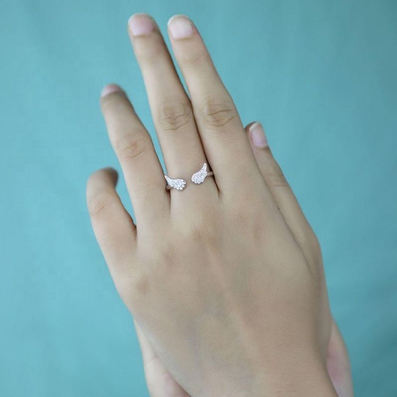 925 Sterling Silver Ring Zircon Angel Wings Adjustable Ring Women Engagement Wedding Fashion Jewelry
