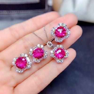 Imitation Natural Pink Topaz Pendant Earrings Firework Diamond Necklace Ring Jewelry Set