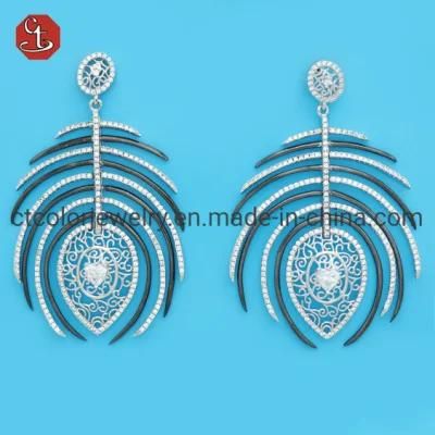 Peacock Feather Plain And CZ Line Dangle Drop White And Black Earring Fashion Silver Jewelry&#160;