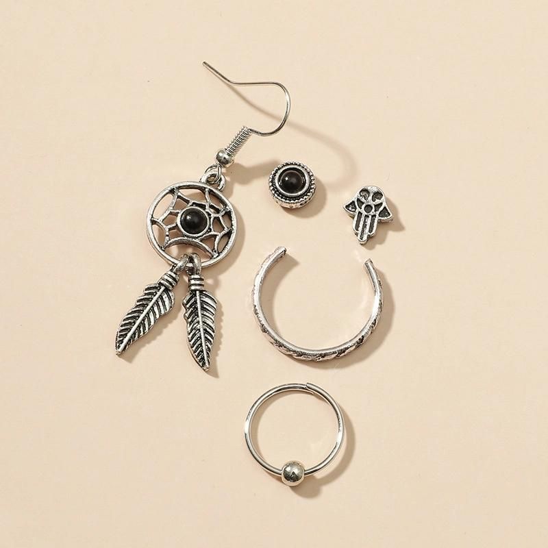 National Style Jewelry Geometry Dream Catcher Leaves C Shape Earrings Set