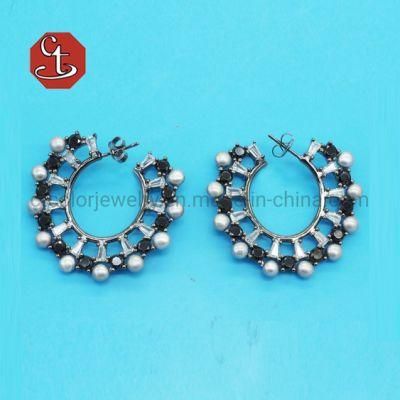 Unique Trendy Micro Pave Cubic Zirconia O Shape Pearl Hoop Earrings for Women Jewelry