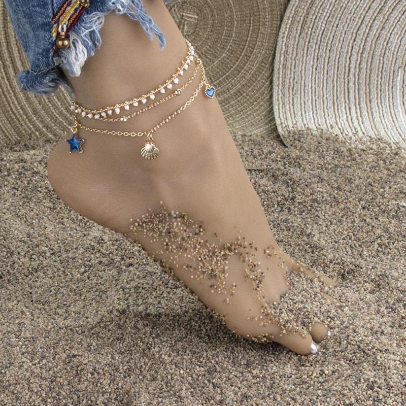 Fashion Personality Ancient Carved Three-Layer Tassel Five-Pointed Star Anklet Foot Decoration Female Beach Anklet