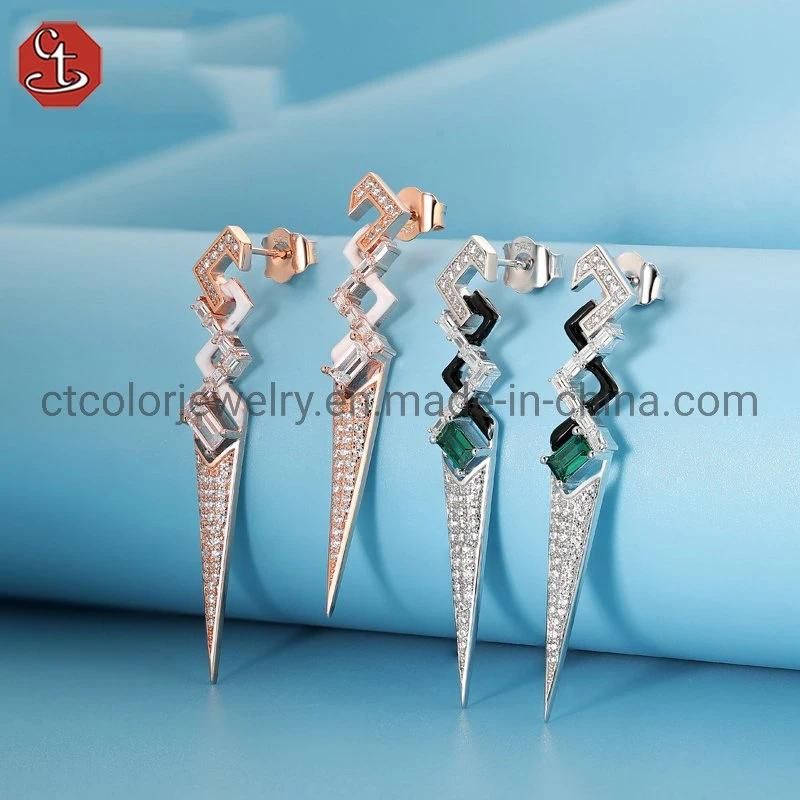 Women Girl Gift Fashion White Black Color Enamel Green CZ Cubic Zirconian Earring Sterling 925 Silver Jewelry