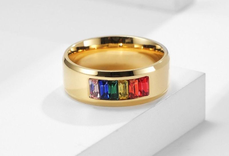 Fashion Jewelry Titanium Steel Gay Lala Ring Rainbow Stones Flag Gay Ring Couple Jewelry Factory Sales SSR2073