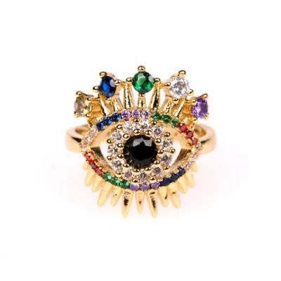 Latest Fashion Women Jewelry Brass Gold Plated Evil Eyes Shiny Cubic Zirconia Rings for Party