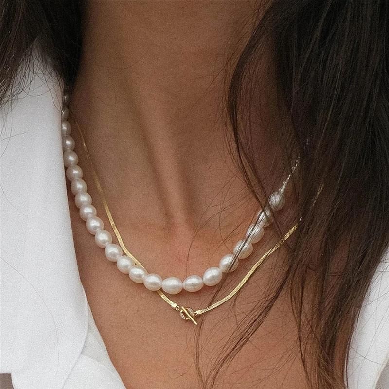 Glass Pearl with Plain Snake Chain 2 Layer Necklace for Women Fashion Jewelry