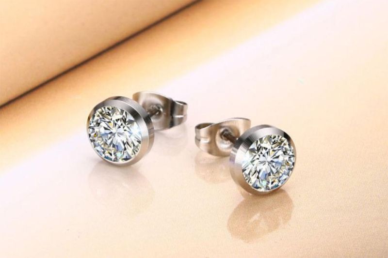 Fashion All-Match Earrings Women′s Jewelry Wholesale 8mm Stainless Steel Zircon Earrings Steel Color Er1092