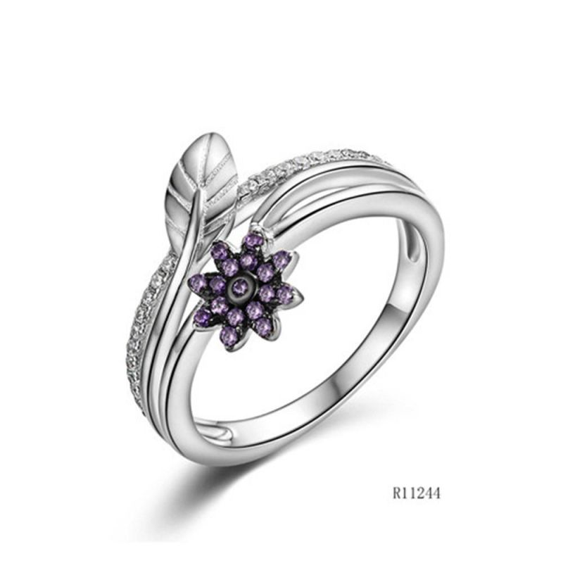 Leaf & Flower Sterling Silver with Color Stones Ring