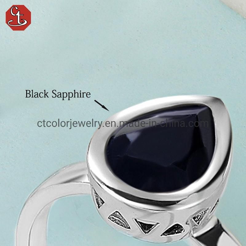 Handmade Fashion Jewelry Black Sapphire White Rhodium Noble Ring for Women