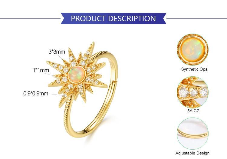 Hot Sale Fashion Women Gold Vermeil Created Jewelry Sun Star 925 Silver Synthetic Opal Ring