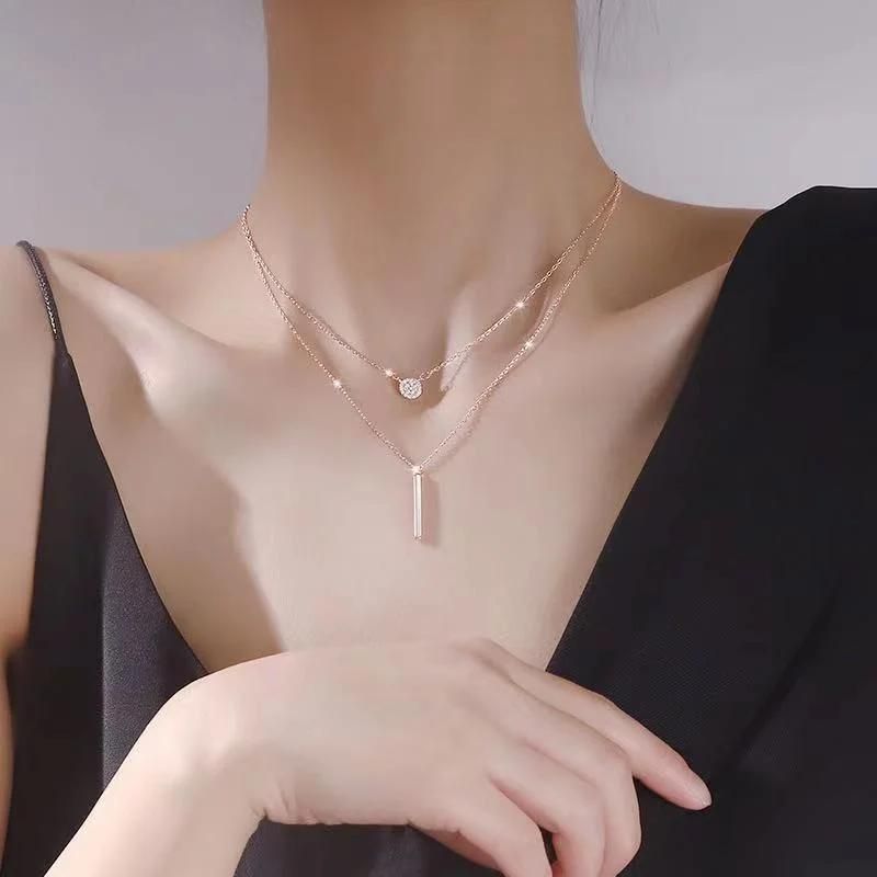 Silver Long Strip Flashing Diamond Round Double Necklace Ladies Clavicle Chain Jewelry