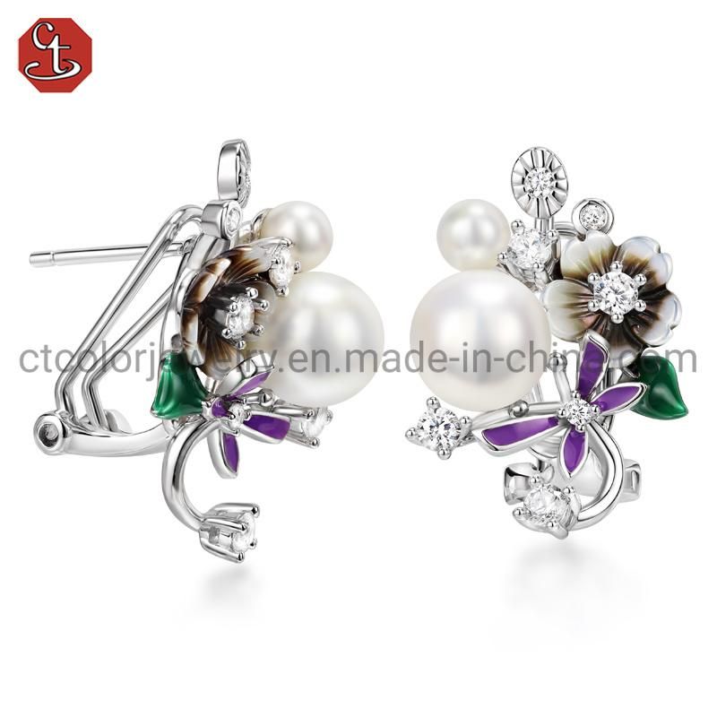High Quality Fashion Jewelry 925 Sterling Silver Enamel Flower Pearl Mop Earring