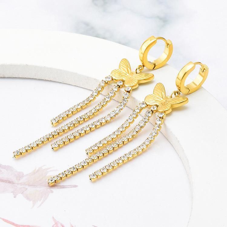Factory Customized Fashion Ins Net Red Same Earrings 18K Gold Plated Hanging Tassel Zircon Metal Stainless Steel Earrings Earrings Jewelry Female