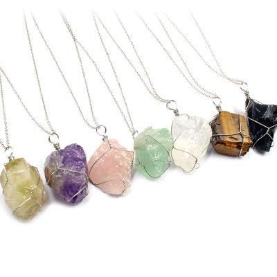 Fashion Jewelry Natural Crystal Crafts Irregular Clear Rose Quartz Necklace Natural Raw Rough Stone Pendant Necklace for Wholesale