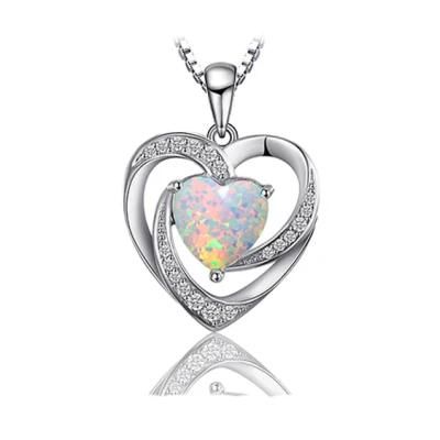 925 Sterling Silver Heart Pendant Necklace Fashion Jewelry with Opal for Women Wholesale