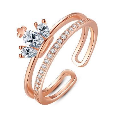 Real 925 Sterling Silver Ring Crown Zircon Fashion Exquisite Adjustable Ring Women Wedding Girls Jewelry Gift