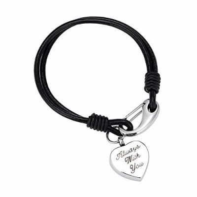 Stainless Steel Heart Locket Women Leather Cremation Urn Bracelet