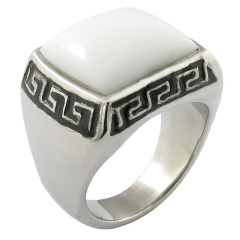 White Ceramic Big Stone Rings Stainless Steel Ring