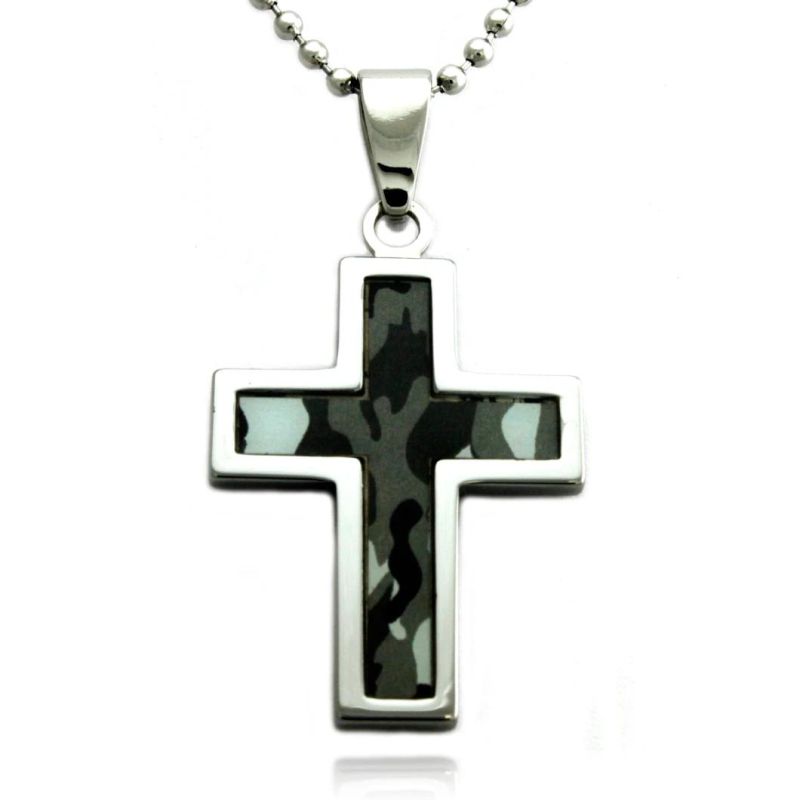 Tungsten Abstract Camouflage Cross Pendant with Ball Chain Necklace