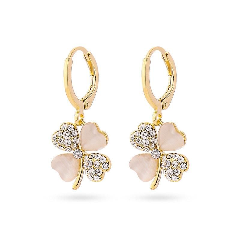Korean Fashion Lucky Four Leaf Clover Drop Earring with Natural Cat Eye Round Huggie Hoop Fashion Earring for Lady Anniversary Gift