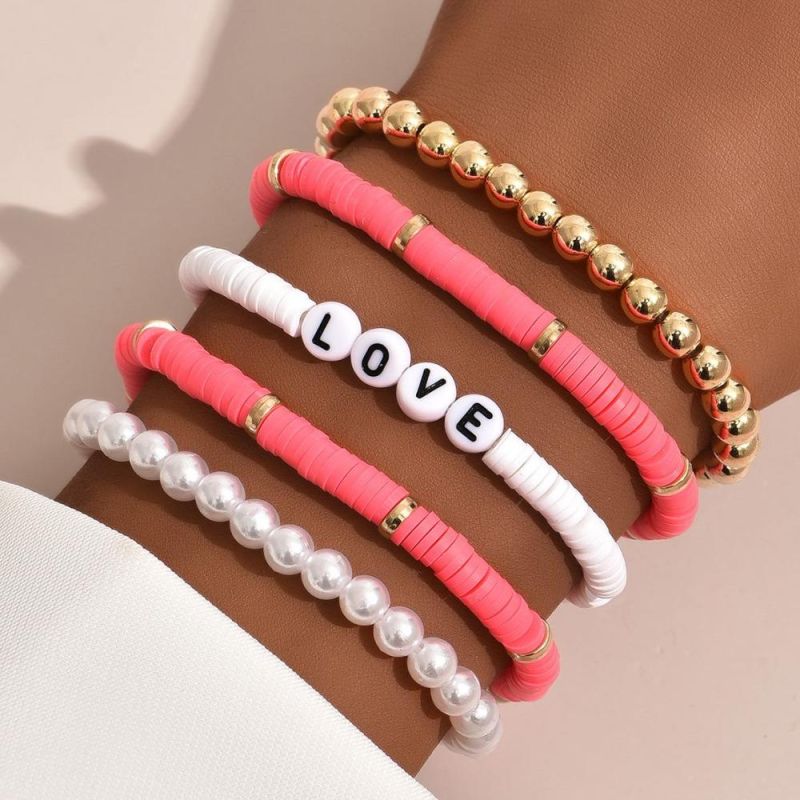 National Style Vintage Colorful Temperament Pearl Love Letter Bracelet Set