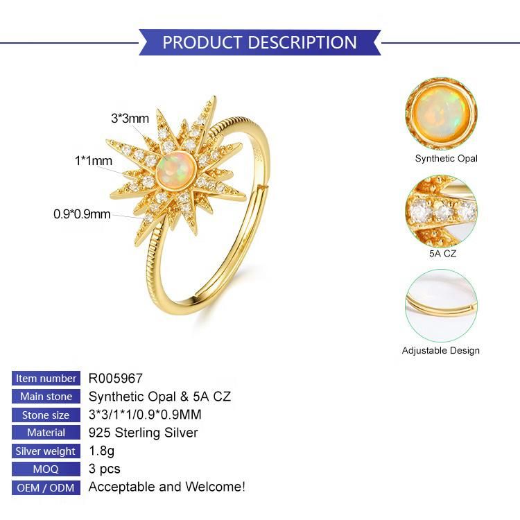 Hot Sale Fashion Women Gold Vermeil Created Jewelry Sun Star 925 Silver Synthetic Opal Ring
