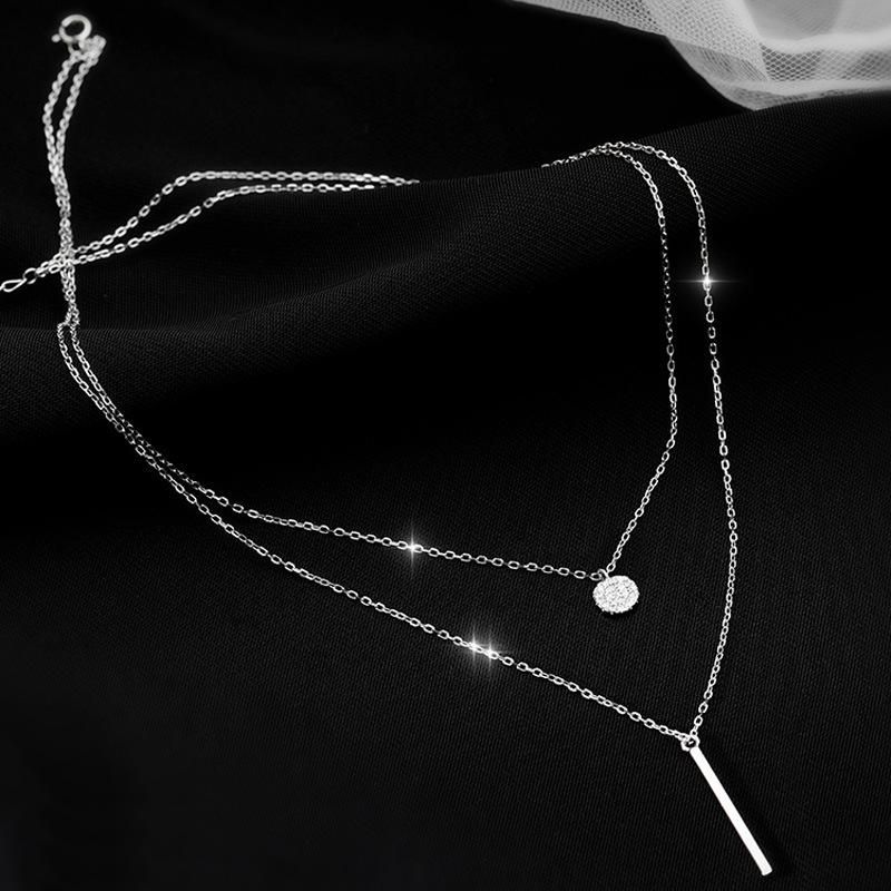 S925 Sterling Silver Double Necklace Women Clavicle Chain Shiny Diamond