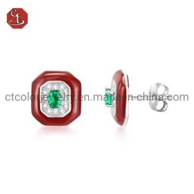 Fashion Jewelry Natural Gemstone Enamel 925 Sterling Silver Stud Earrings