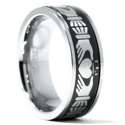 Tungsten Carbide Irish Claddagh Celtic Knot Ring Black/Blue