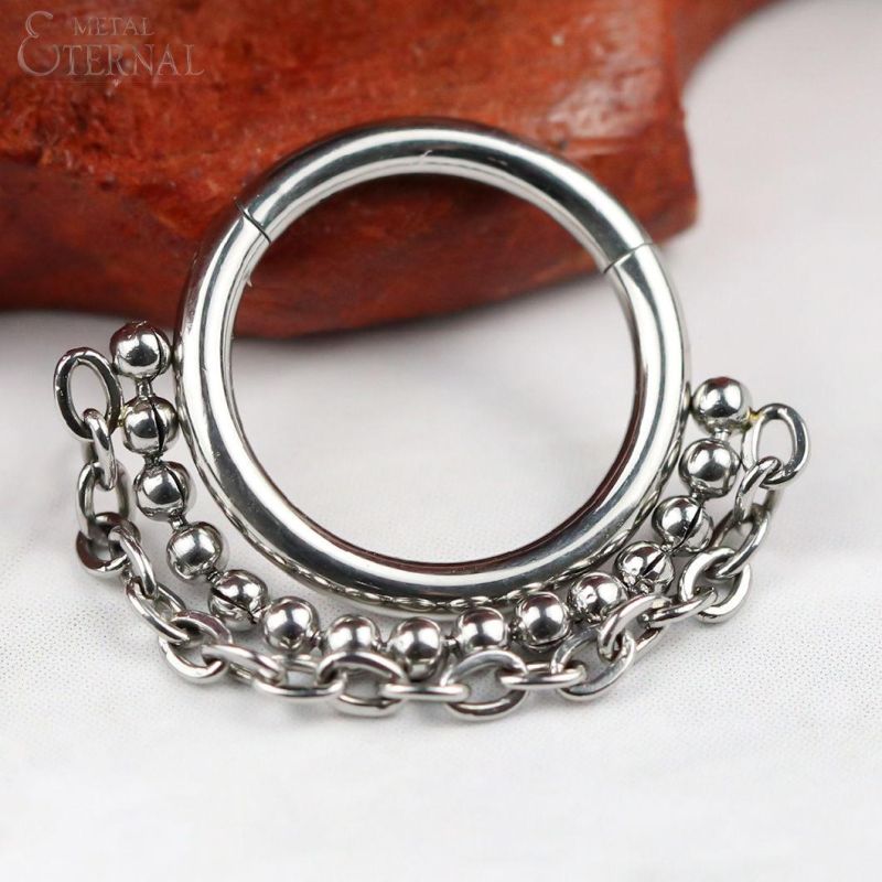 Eternal Metal ASTM F136 Titanium Hinged Clicker Nose Rings with Balls and Chain Piercing Jewelry