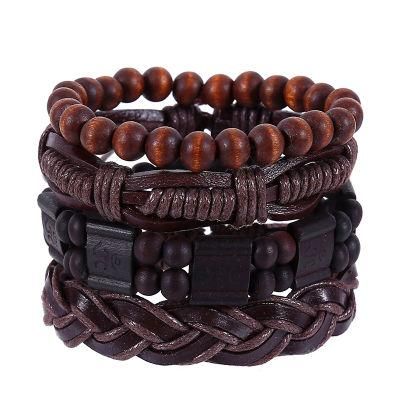 Leather Cuff Bracelet for Men and Women Punk Rock Braided Bracelet Via Brown Black Wristband Handmade Jewelry 4 Piece