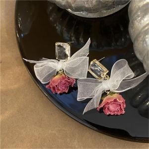 Super Fairy Glass Crystal Bow Immortal Flower Earrings